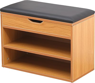 AVC Designs Pine 60cm Shoe Bench with Seat Cushion Storage Cabinet Organizer