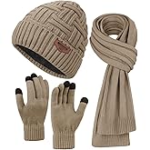 Mens Winter Hats Scarf for Men with Touchscreen Gloves Warm Long Scaves and Skull Caps Beanie Hat Gloves Set