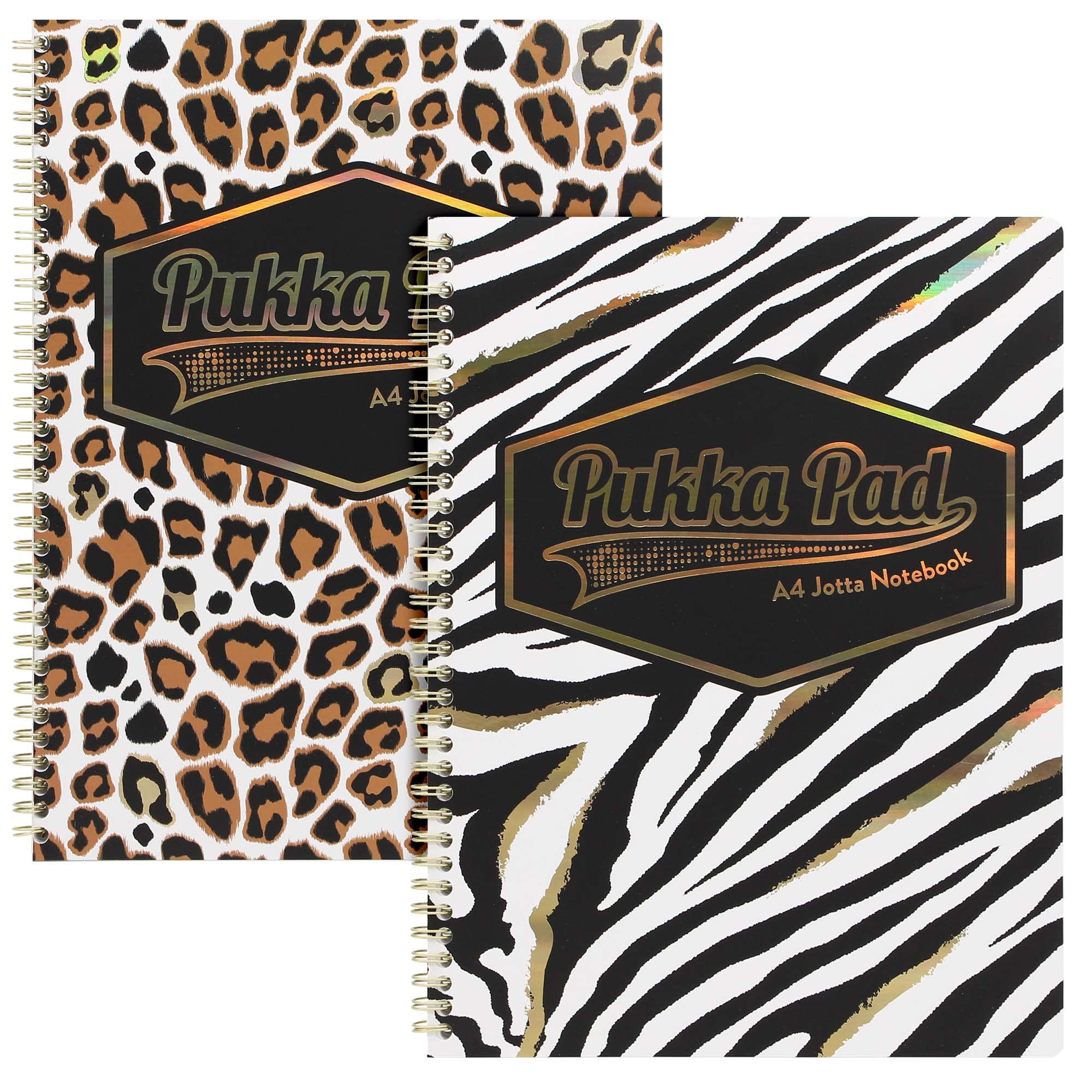 Pukka Pad, Wild A4+ Jotta Notebooks – Pack of 2 Wirebound Notebooks in Assorted Zebra and Leopard Prints – 160 Pages of 80GSM Lined Paper