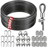 NAZOU 3/16 Inch Coated Steel Wire Rope, Hanging String Lights, Clotheslines | Available in 50/100/150/200 FT, Braided Metal Cable Kit for Garden, Patio and Camping Use