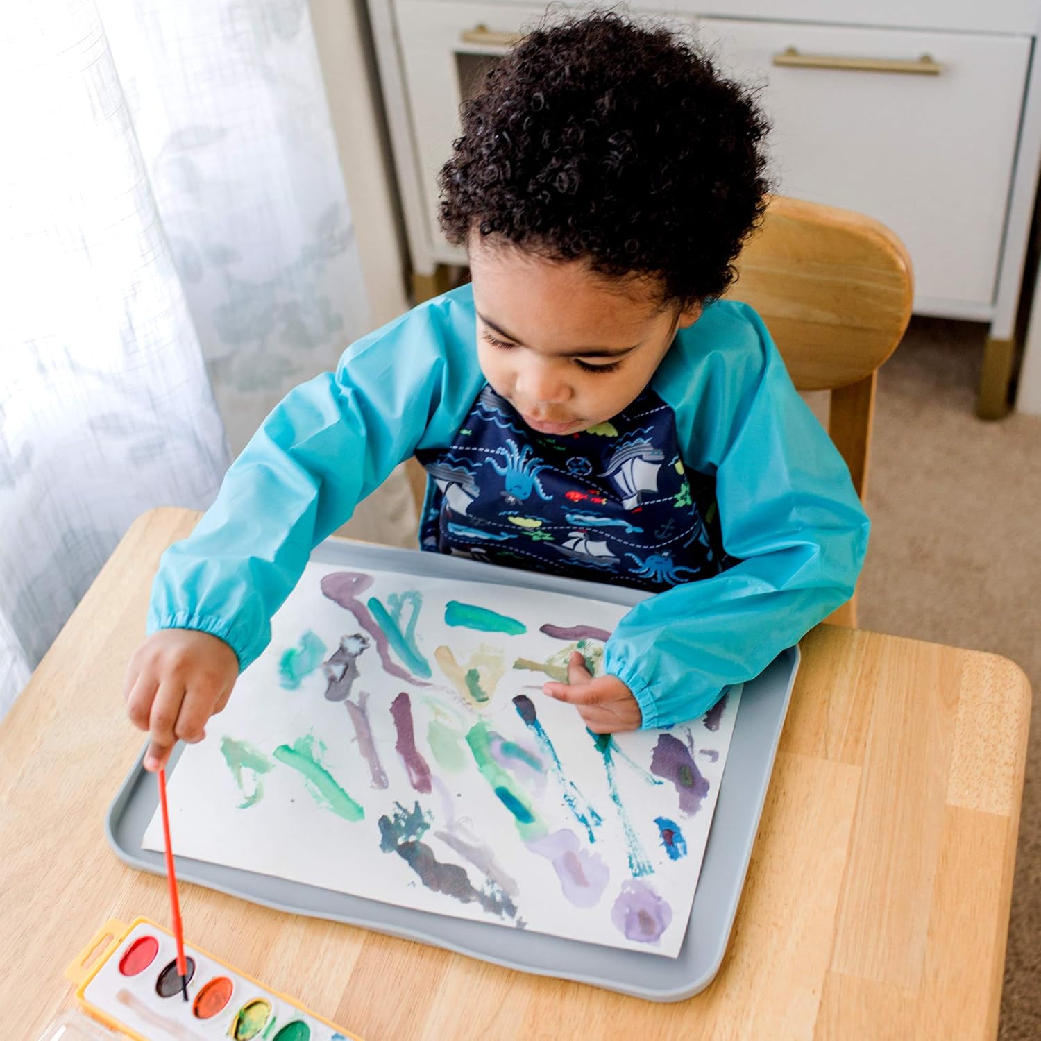 green sprouts Easy-wear Long Sleeve Bib | Waterproof Protection | Flipped Pocket, Soft Material, Easy Clean Smock: Baby
