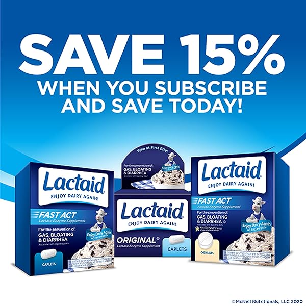 LACTAID ORIGINAL STRENGTH LACTOSE INTOLERANCE CAPLETS, 9000 FCC LACTASE ENZYME CAPLETS, HELPS PRE-VENT GAS, BLOATING & DIARRHEA DUE TO LACTOSE SENSITIVITY IN ADULTS & KIDS AGES 4+, 120 COUNT