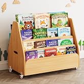 SpaceAid Double-Sided Mobile Bookshelf, Montessori Bookcase for Toddlers, Wooden Book Storage Organizer Shelf Furniture for Kids Rooms, Playroom, Nursery and Classroom, 29.5&ldquo; Wide 4-Tier, Natural
