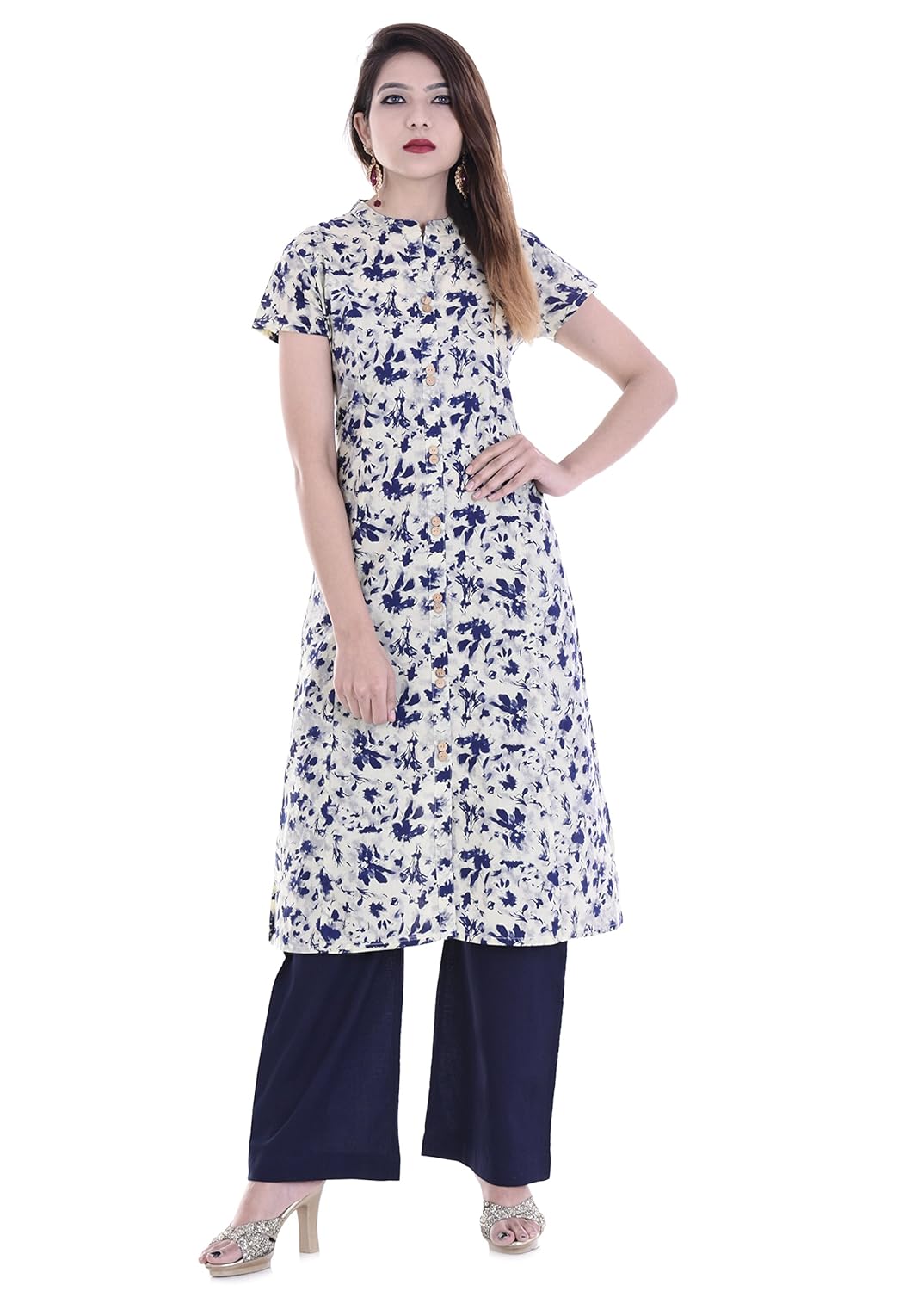 palakh women's cotton blue&white straight printed kurti with solid blue palazzo