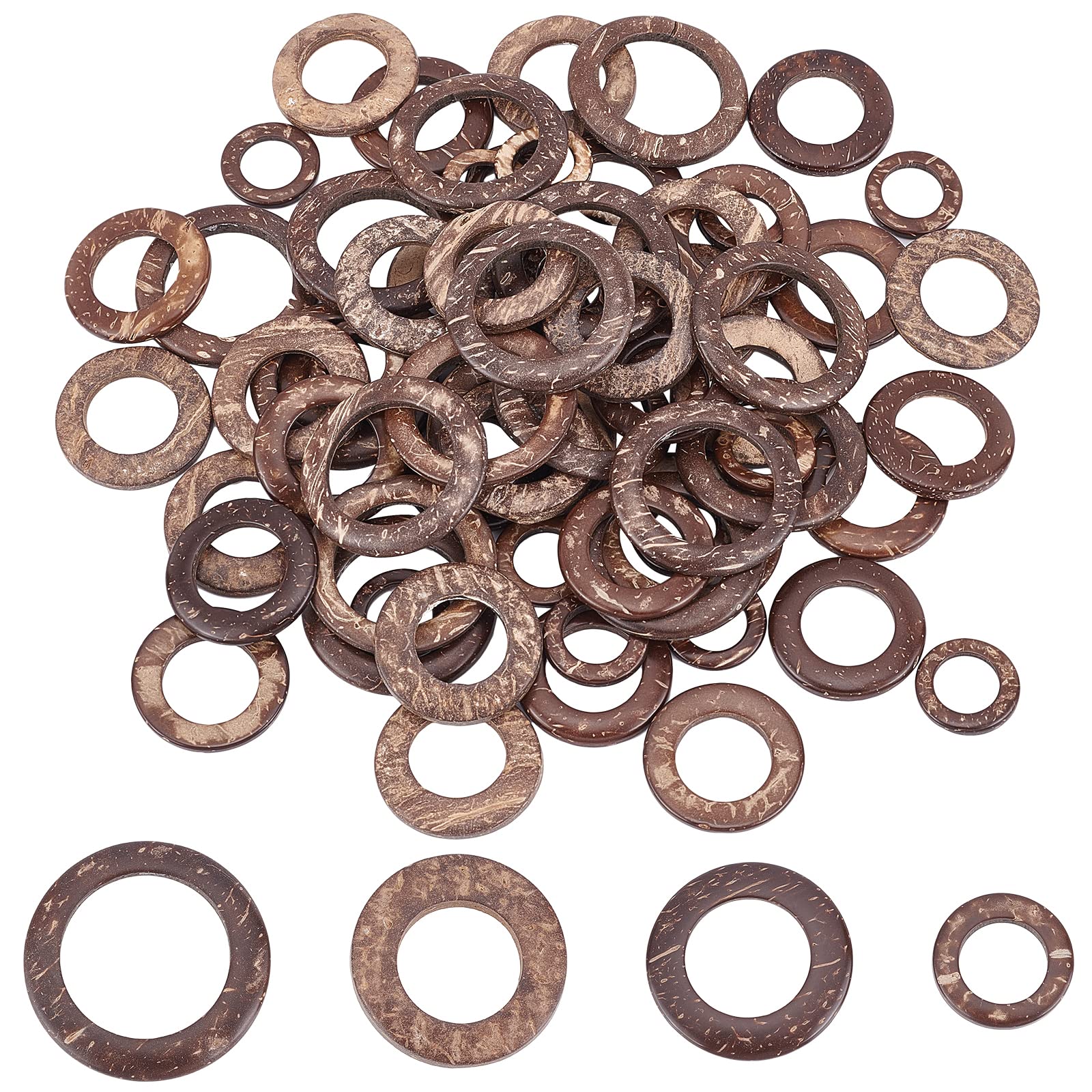 PH PandaHall 80pcs Wooden Linking Rings 4 Styles Coconut Rings Undrilled Mini Circle Pendant Connectors Hollow Wood Circles for Earring Bracelet Necklace Macrame Jewelry DIY Craft Making, 20~38mm