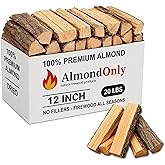 Almond Only 12 Inch Firewood Logs, (20 lbs), 100% Roasted Almond Hardwood | 90% Bark Free, Clean Burn, Rich Smoke Flavor, perfect for Fire Pit &amp; BBQ, Cooking Wood for Grilling