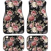 Dark Vintage Floral Flowers Print Car Floor Mats Set of 4,Seamless Floral Pattern with Peonies Watercolor Vehicle Front Rear Carpets Mats Universal Car Floor Rugs Car Accessories for Van Truck