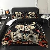 lneffble Black Gothic Skull Flower Queen Comforter Set，Quilt Queen Size Bedding Set Gothic，with 1 Comforter with 2 Pillow Case，Skull Room Decor for Bedroom