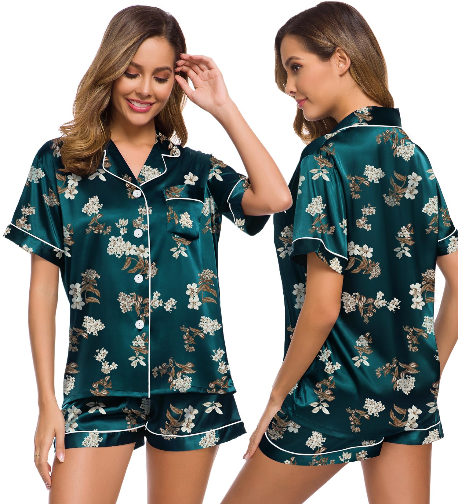 Green Floral Silk Satin Pj Sets