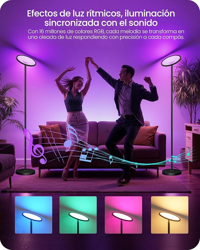 Lámpara de Pie RGB con Control por Aplicación y Voz, Compatible con Alexa, Sincronización Musical, Temporizador, Lámpara de Pie LED Inteligente, 30 W, Luz del 10 al 100%, para Salón, Negro