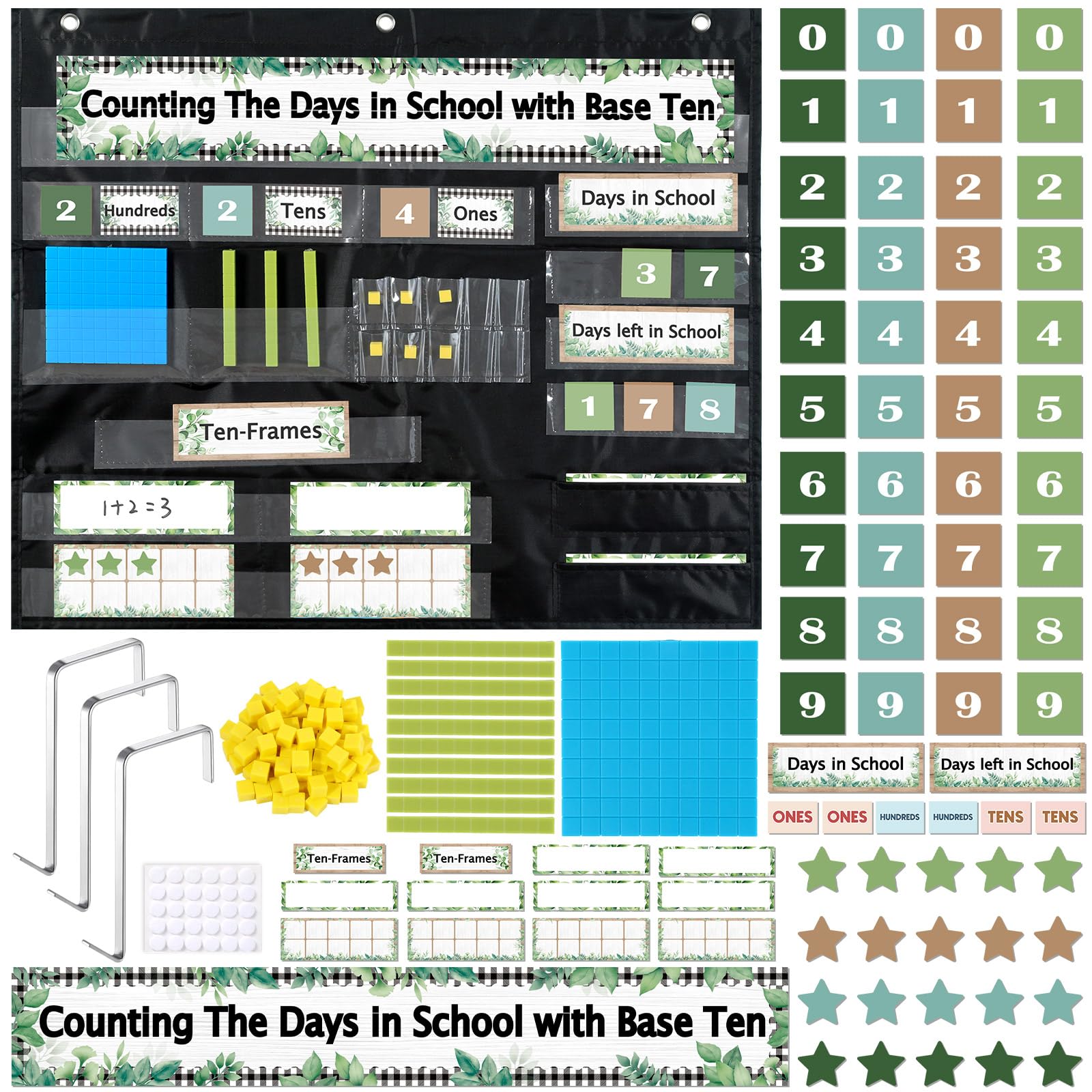 Photo 1 of Greenery Back to School Counting The Days with Base Ten Pocket Chart Place Value Teaching Materials Counting Pocket Chart for Kids Toddler Learning Activities Classroom Bulletin Board Home Decor
