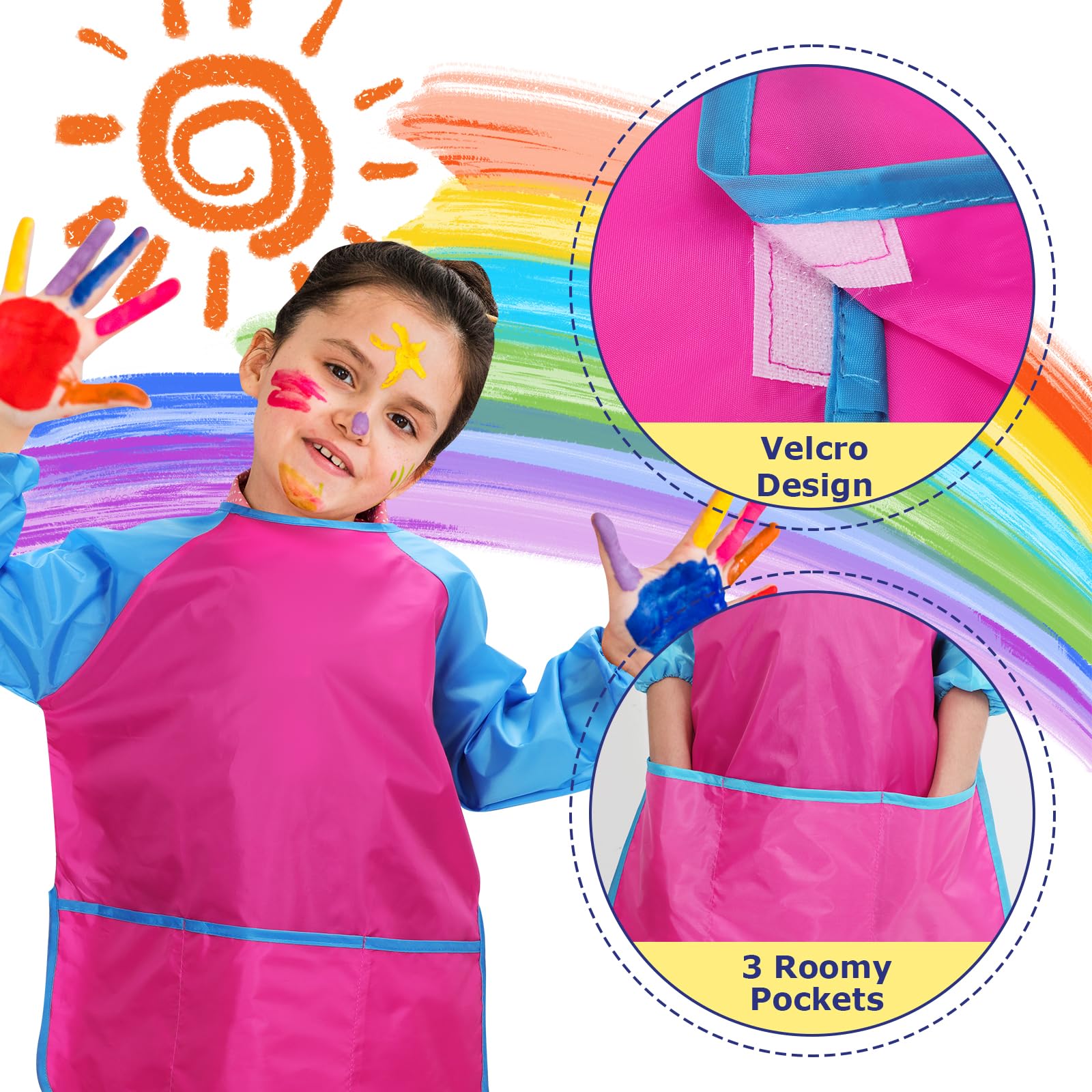 Kids Painting Apron 2 Pack, Waterproof Toddler Art Smock, Artist Smock for Kids Age 2-8 with Long Sleeve and 3 Pockets