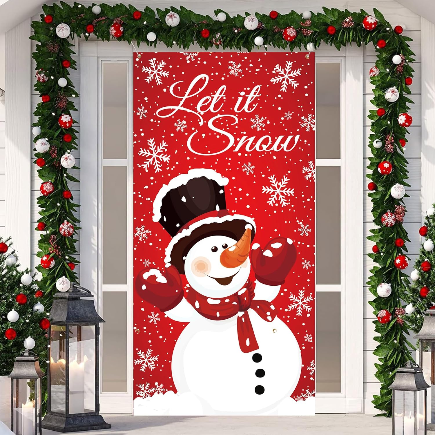 Garage Door Decorations - Christmas Snowman Door Cover Winter Let It Snow Door Banner Christmas Front Door Porch Banner Snowman Photography Backdrop Sign for Christmas New Year Winter Holiday Home Party Decor