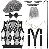 WILLBOND 9 Pieces 100 Days of School Costume for Boys, Old Man Costume for Kids Grandpa Cosplay
