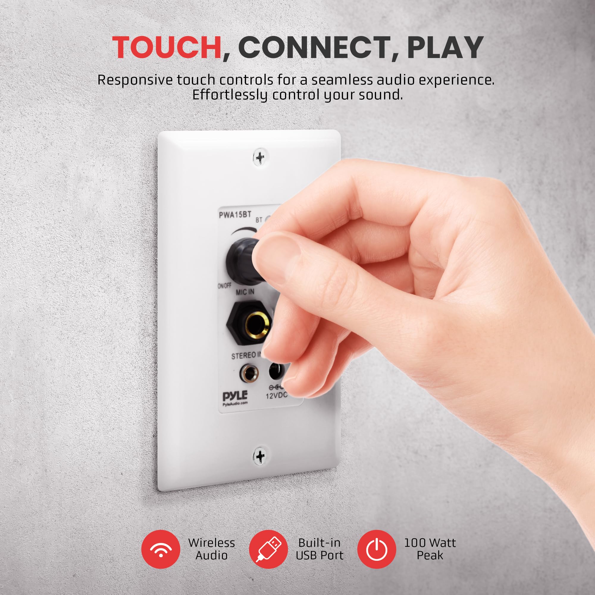 Pyle Bluetooth Receiver Wall Mount - in-Wall Audio Control with Built-in Amplifier | USB, Microphone, Aux (3.5mm) Input | Terminal Block | Connect 2 Speakers | 100 Watt - PWA15BT.5