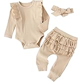 Fullfamous Baby Girl's 3pc Rib Frill Long Sleeve Romper and Pant Set