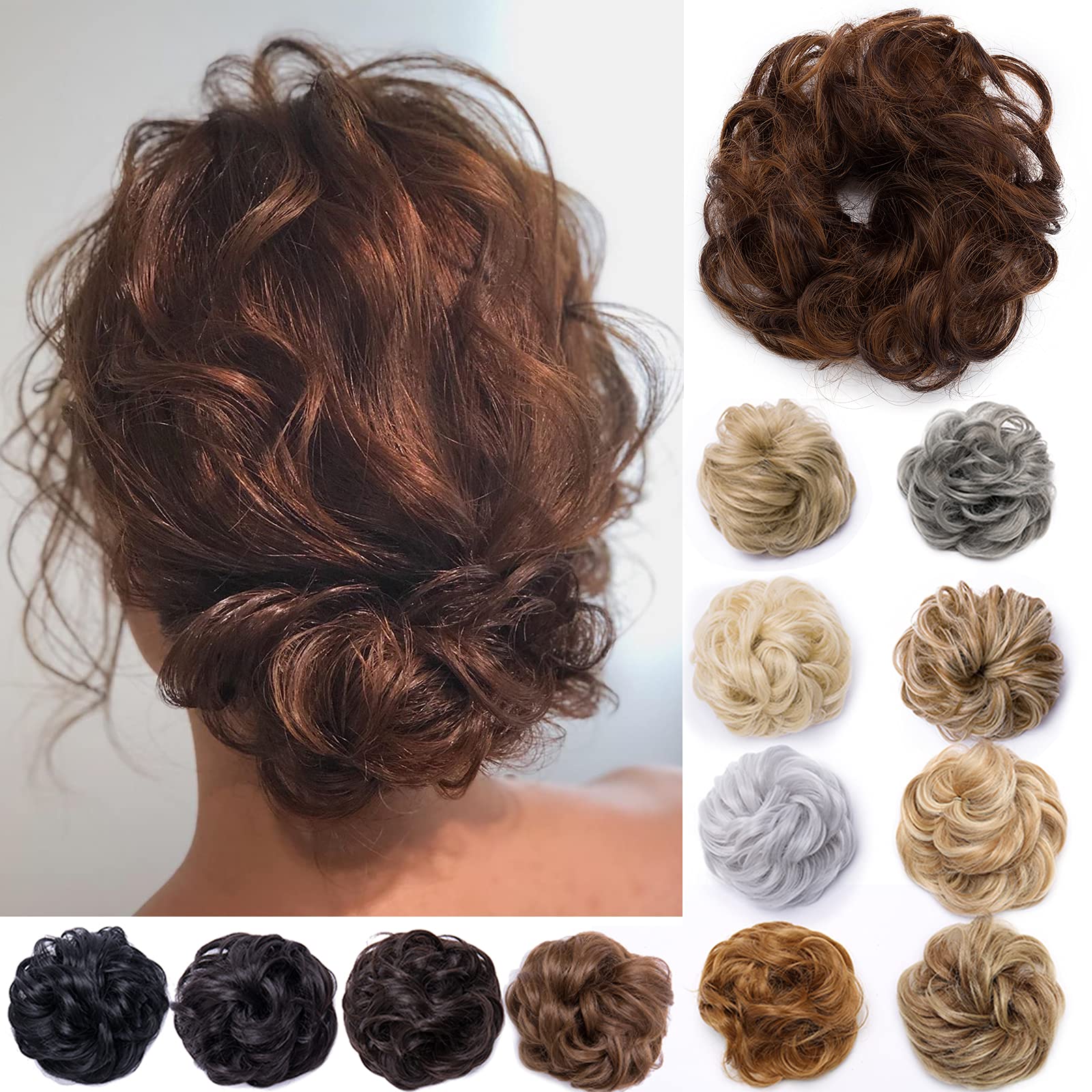 Silk-co Scrunchy Scrunchie Hair Bun Updo Ponytail Hairpiece Curly Messy Donut Chignons -Light Auburn & Dark Brown[25g] — image 1
