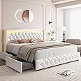 HIFIT Queen Smart LED Platform Bed Frame with 4 Storage Drawers, Crystal Button-Tufted & Stainless Gold Trim Wingback Headboard/Modern PU Upholstered White /No Box Spring Needed/Easy Assembly
