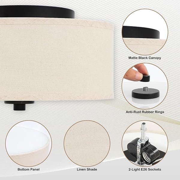 LODSTOB 2-LIGHT FLUSH MOUNT CEILING LIGHT FIXTURE, 12” MODERN CLOSE TO CEILING LIGHT WITH BEIGE FABRIC DRUM SHADE, ROUND PENDANT LIGHT FOR BEDROOM HALLWAY BATHROOM DINING KITCHEN, BULBS NOT INCLUDED