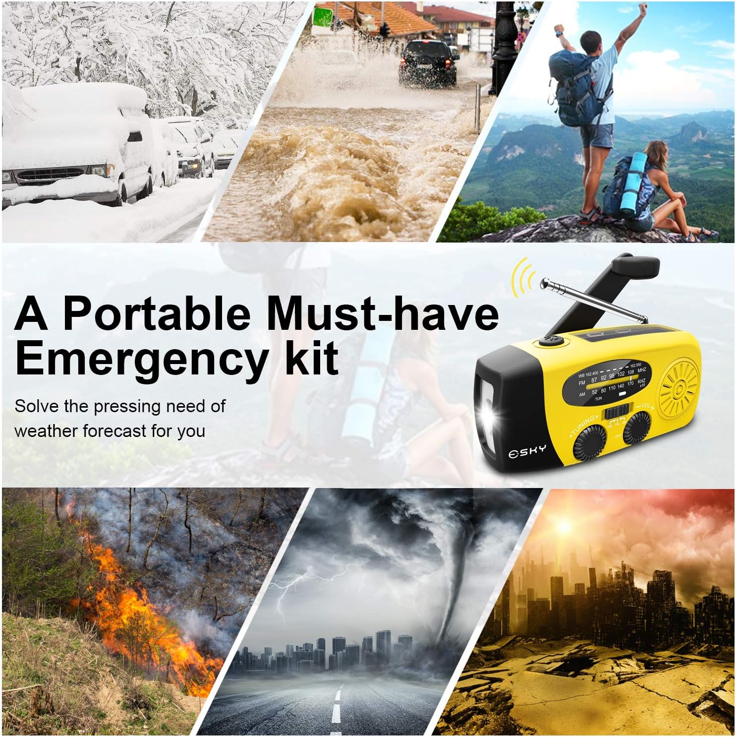 [Upgraded Version]Emergency Radio, Esky 3W LED Flashlight Hand Crank Radio, Self Powered AM/FM NOAA Weather Radio, Portable Solar Radio 1000mAh Power Bank USB Charger for iPhone/Smart Phone (Yellow): Electronics