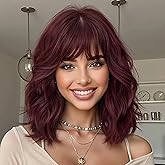 Lativ Wine Red Wig With Bangs Bob Wigs for Women Short Wavy Curly Shoulder Length 14 Inches Synthetic Hair for Halloween Costumes Cosplay Daily Use