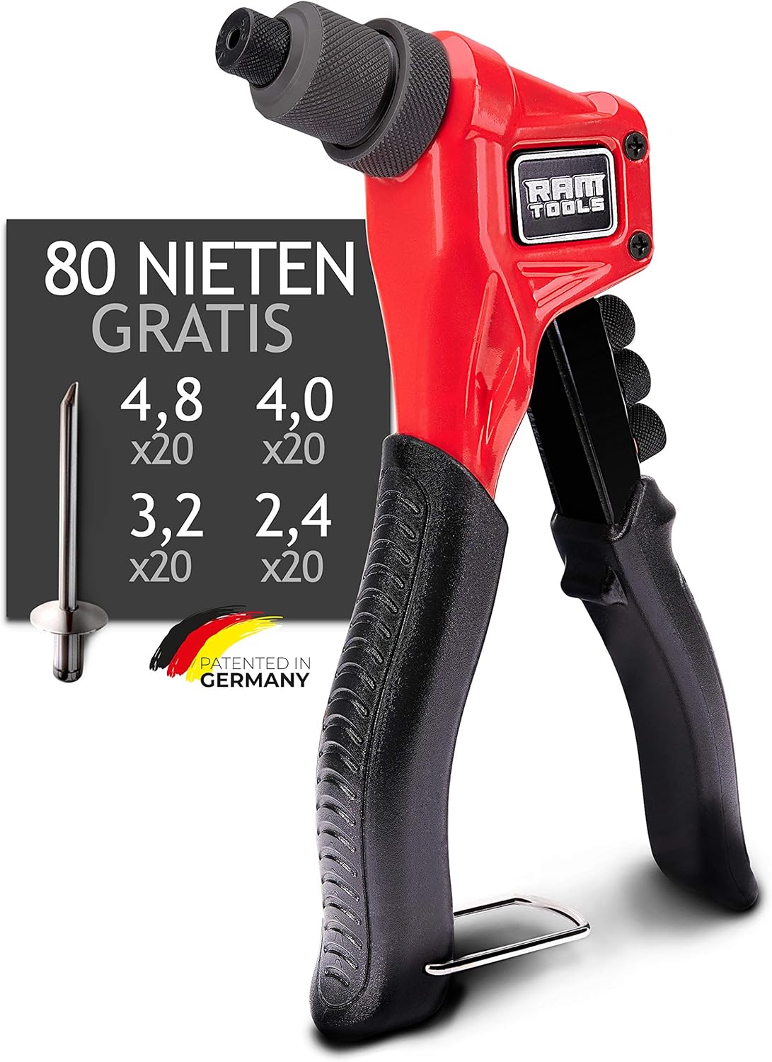 RAM TOOLS® Nietzange inkl. 80 Blindnieten in 4 Größen - Blindnietzange mit patentierter Technik - Nieten Setzen auf Profiniveau - Nietenzange Set