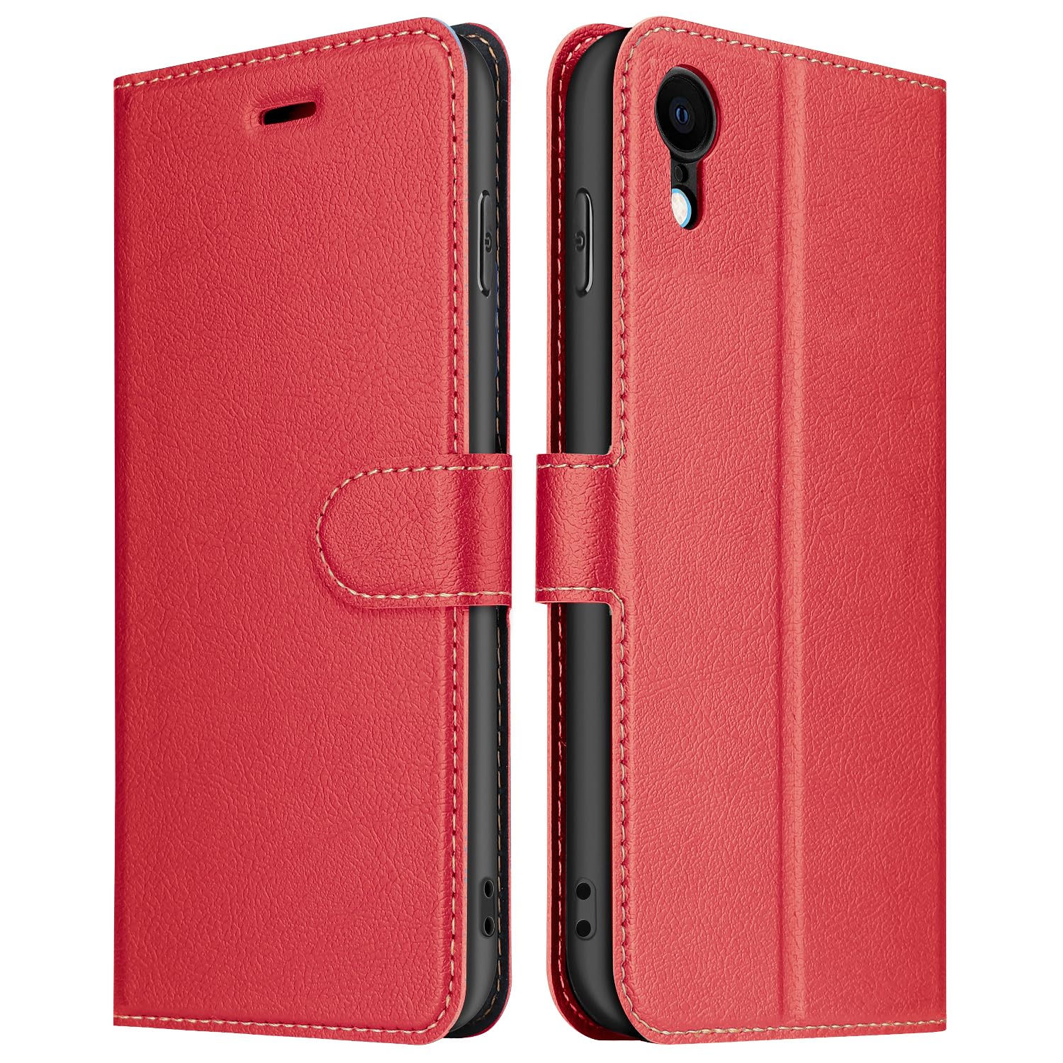 ELESNOW Phone Case for iPhone XR, Flip Wallet PU Leather Card Holder with RFID Blocking Magnetic Closure Stand Cover for Apple iPhone XR (Red)