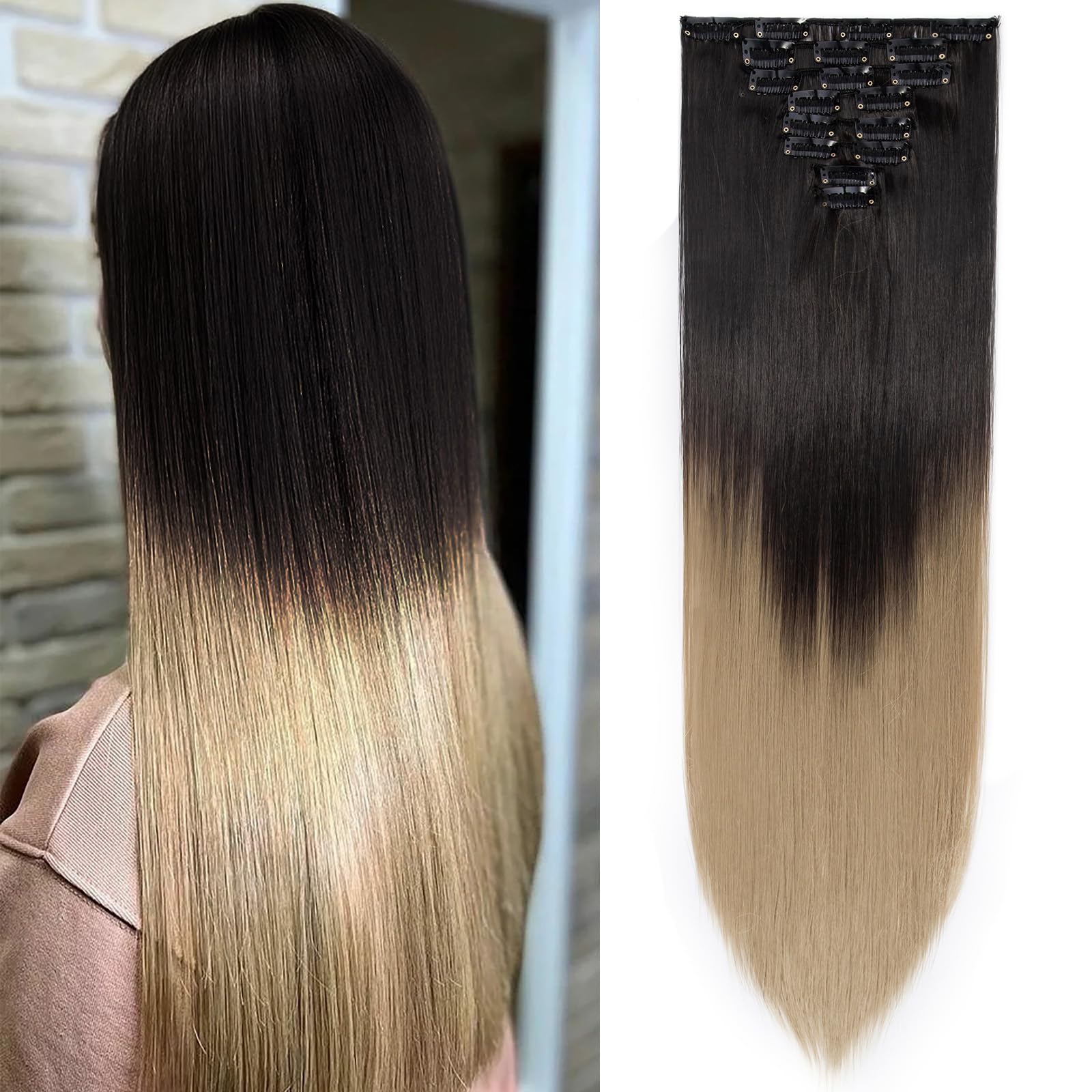 SEGOHAIR Hair Extensions Clip in 8Pcs 18 Clips Synthetic Fiber Seamless 26" Long Straight Full Head -Dark Brown to Ash Blond — image 1