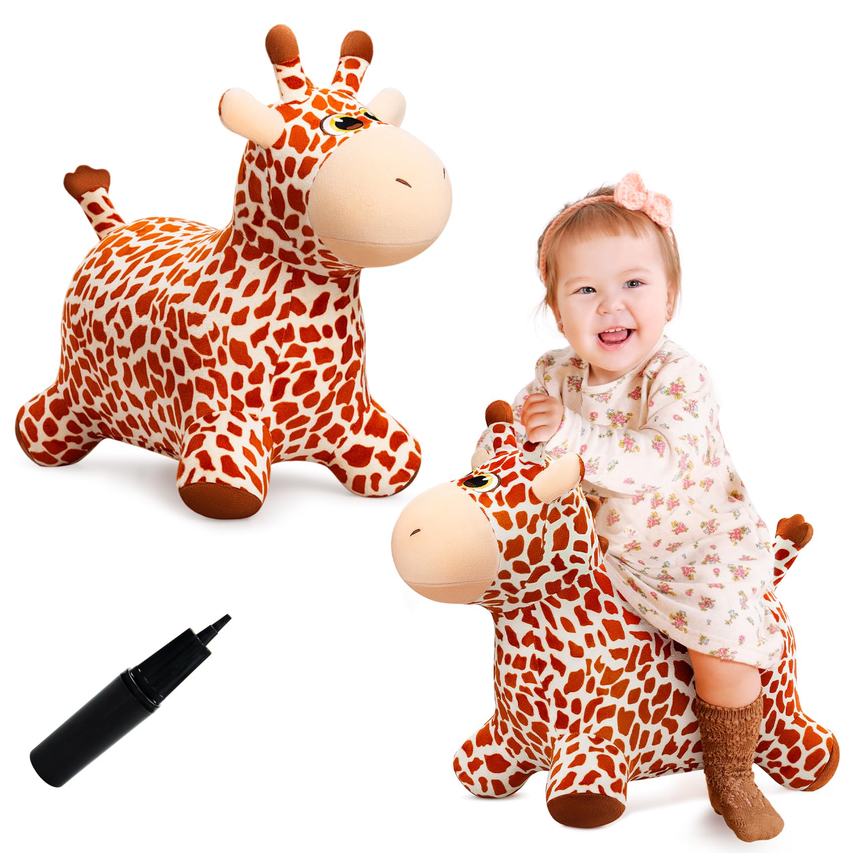 Photo 1 of VangeBow Giraffe Bouncy Horse Toys for 1 2 3 year old Kid gifts, Plush Giraffe Ride On Bouncy Animal for toddlers 1-3, Indoor Outdoor Inflatable Hopping Toys for Girl Boy Birthday Gifts(Pump Included)