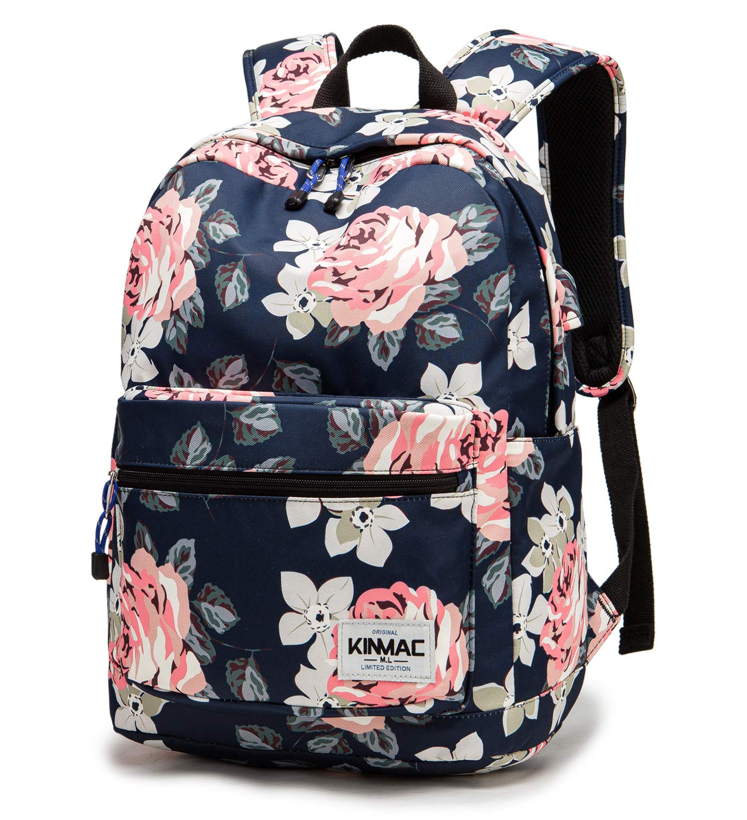 Kinmac White Rose Waterproof Laptop Travel Outdoor Backpack with USB Charging Port for 13 inch 14 inch and 15.6 inch Laptop