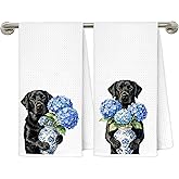 gsgfdshf Blue Chinoiserie Hydrangea Black Labrador Retriever Kitchen Towels 16x24 in Set of 2, Black Lab Gifts, Grandmillennial Floral Lab Dog Decorative Hand Tea Dish Towels for Bathroom Kitchen