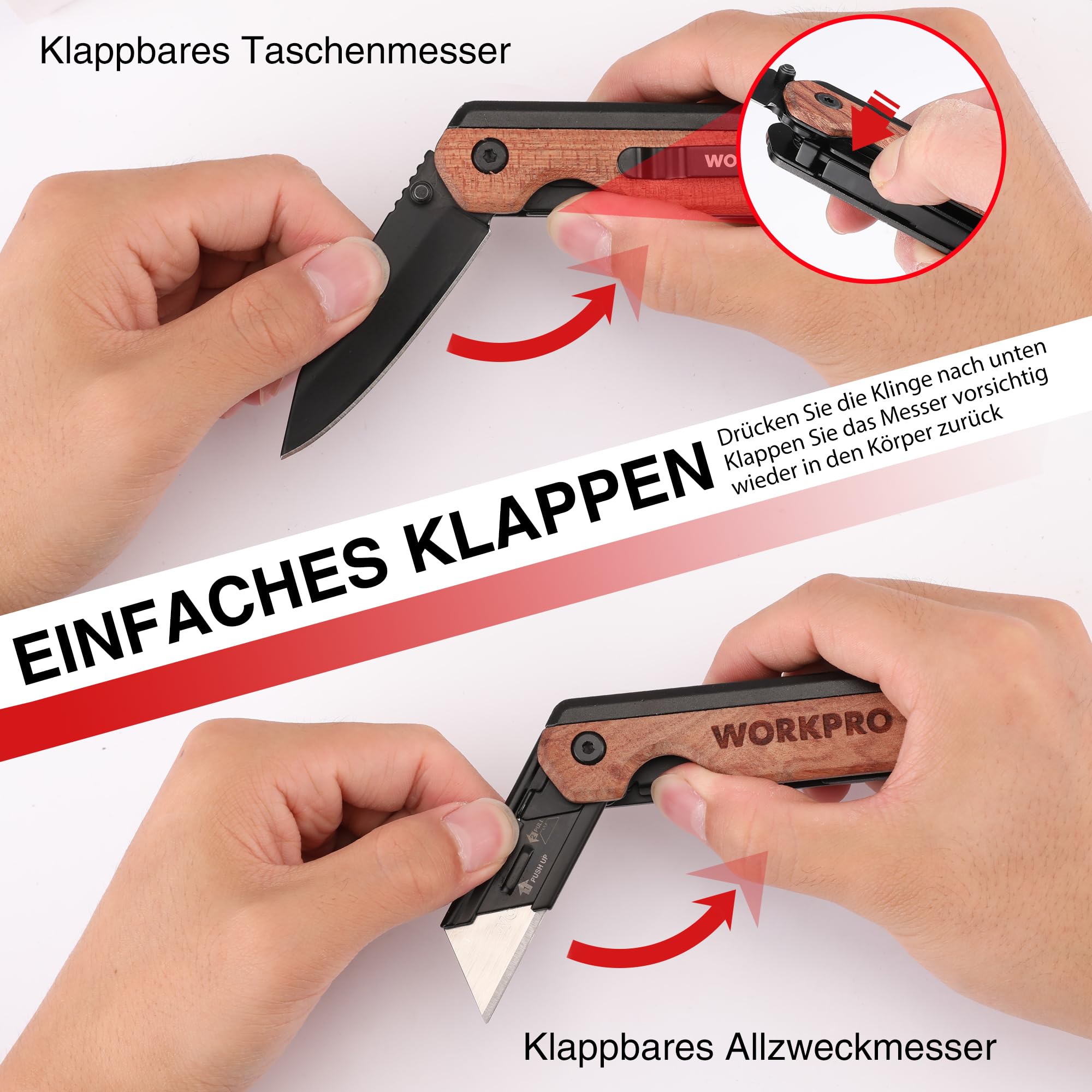WORKPRO 2-IN-1 Taschenmesser klappbares Universalmesser, Klappmesser aus Aluminium, Faltbares Cuttermesser mit Holzgriff & Gürtelclip, Liner Lock, Schnellwechseln, inkl. 10 zusätzlichen Klingen 4