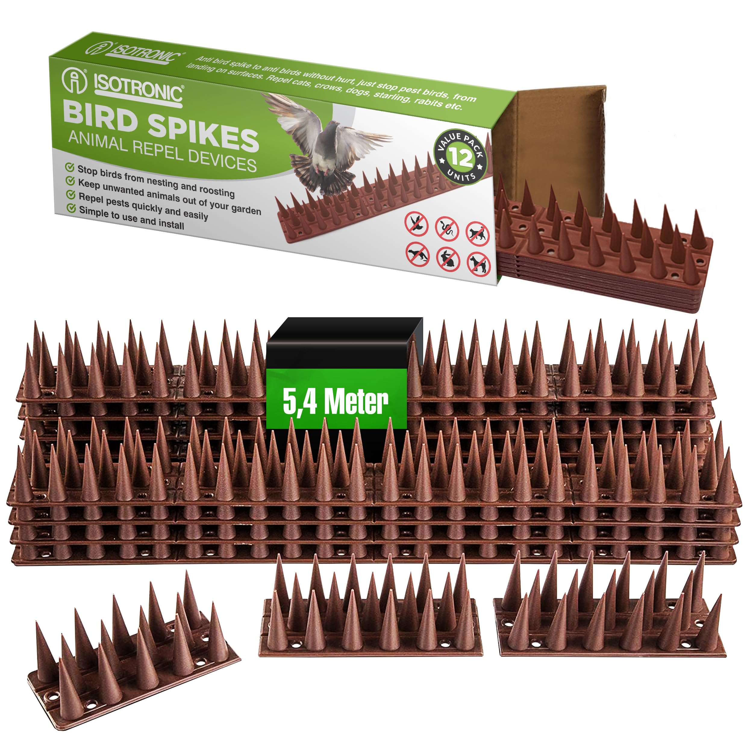 ISOTRONIC Bird Repellent Spikes - Pigeon Scarer for Repelling Birds, Pigeons, Cats & Martens, Pigeon Repellent for Fence, Windowsill, Roof, Tree & Garden (5.4 m, 12 Pieces, Brown)