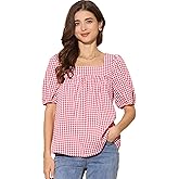 Allegra K Top for Women's Square Neck Plaid Shirt Blouse Puff Sleeve Casual Top