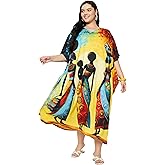 Gypsie Blu Women’s Plus Size Printed Caftan Maxi Dress Beach Cover Up, V-Neck Kimono Sleeve Summer Dress