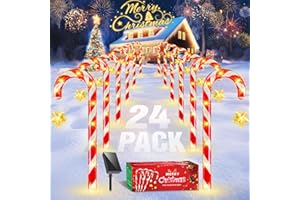 NESSTU Christmas Decorations Outdoor Holiday Decor: 24 Pack Solar Christmas Candy Cane Lights Outdoor Waterproof, 144 LED Christmas Pathway Lights, 8 Flashing Modes Solar Lights for Outside Yard Xmas Decor