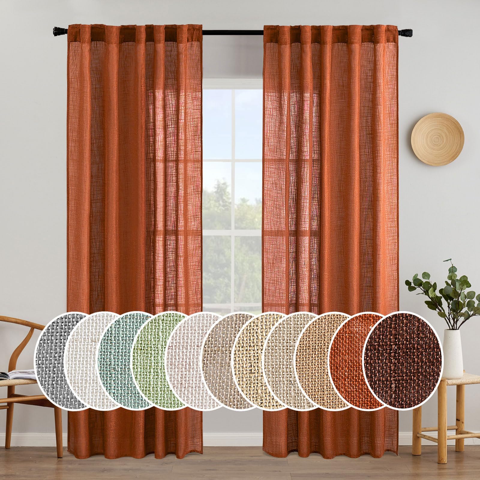 Photo 1 of MIULEE Rust Curtains 84 Inch Length 2 Panels for Bedroom Living Room, Terracotta Burnt Orange Soft Thick Linen Textured Window Drapes Semi Sheer Light Filtering Back Tab Burlap Look Fall Boho Decor