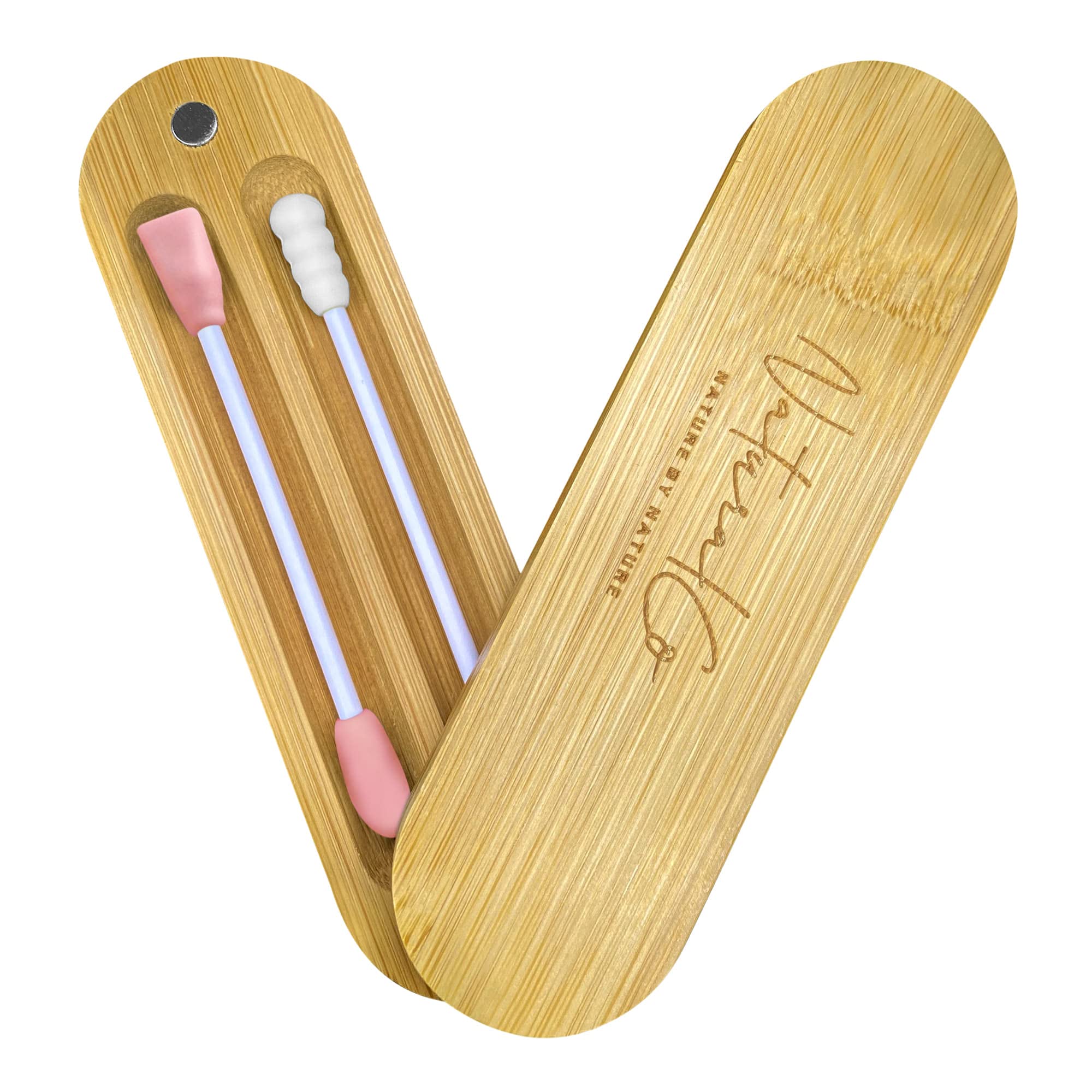 Natural Co. Gentle and Reusable, Sustainable Cotton Buds for Ears with Portable Travel Magnetic Bamboo Storage Case Washable Tips Make up Remover Cotton Swabs | Plastic Free Beauty Gift (Pink)