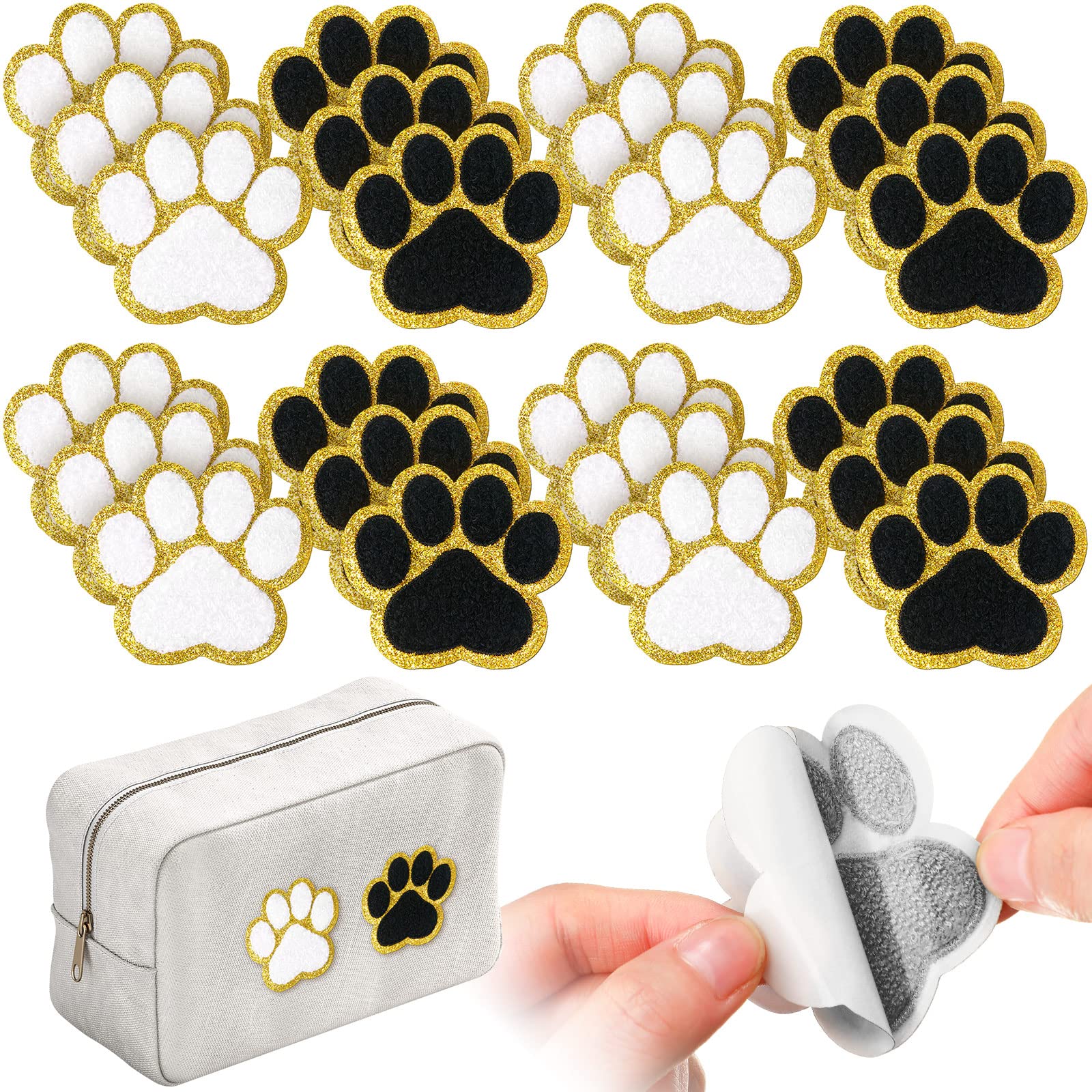 Photo 1 of Jexine 24 Pieces Self Adhesive Paw Print Patch Chenille Dog Cat Paw Print Iron on Patches Embroidery Sticker Patches for Clothing Backpacks Jeans Hats Animal Party(White, Black with Gold Edge)
