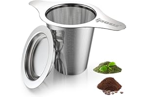 IPOW Reusable Stainless Steel Coffee Filter, Paperless Coffee Maker Strainer, Double Fine Mesh Basket for Loose Tea& Ground Coffee, Coaster Lid, Long Handle for Cup, Mug &Teapot