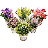 LUEUR Set of 6 Potted Artificial Flowers Fake Flowers with Vase Faux Flowers in Pot, Spring Decor for Home Office Floral Arrangement for Table Dinning Room Decoration Shelf Decor