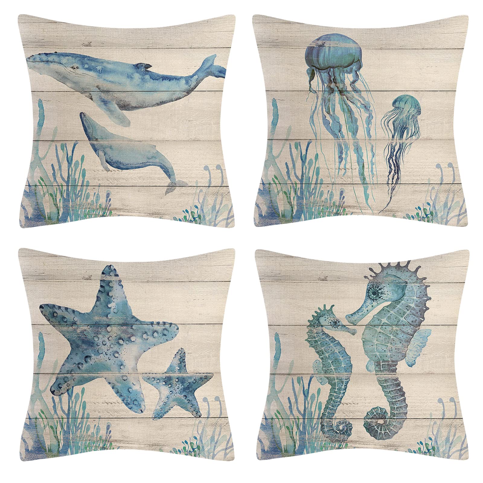 OCEUMACO Linen Cushion Covers 45 x 45 cm for Sofa Set of 4 Square Sea Life Ocean Animal Throw Pillow Cases 18x18 Inches Outdoor Vintage Wood Cushion Cover Pack Home Decor - Duck Egg Blue