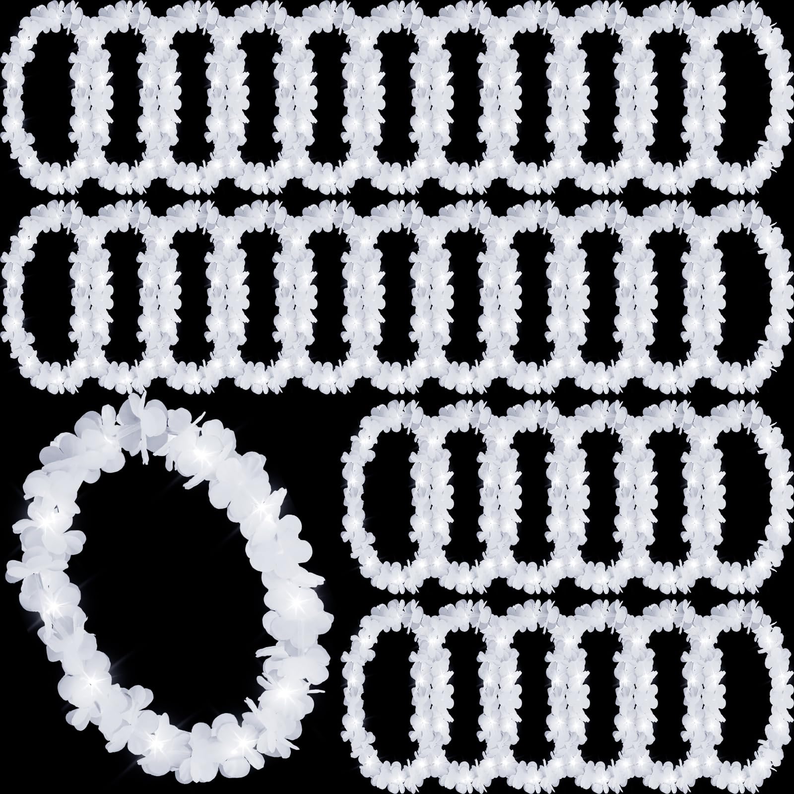Photo 1 of Sherr 24 Pcs LED Leis Light Up Wedding Hawaiian Leis Flower Necklace with LED Lights Beach Tropical Carnival Party Wedding Supplies Luau for Masquerade