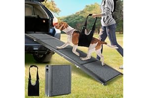 PLYFOU Folding Pet Car Ramp with Non-Slip Rug Surface, Portable Dog Ramp with Dog Lift Harness for Cars and SUVs, 70.9" Long & 17.3" Wide Dog Stair Ramp for Large Dogs Up to 200lbs