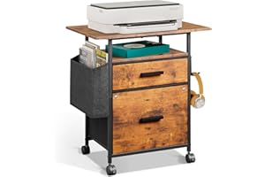 NASHZEN File Cabinet Printer Stand, Fabric Mobile Filing Cabinet with 2 Storage Drawers, for Hanging A4, Letter Size File Folders, Open Shelf with Storage Bag and Hooks Home Office, Rustic Brown