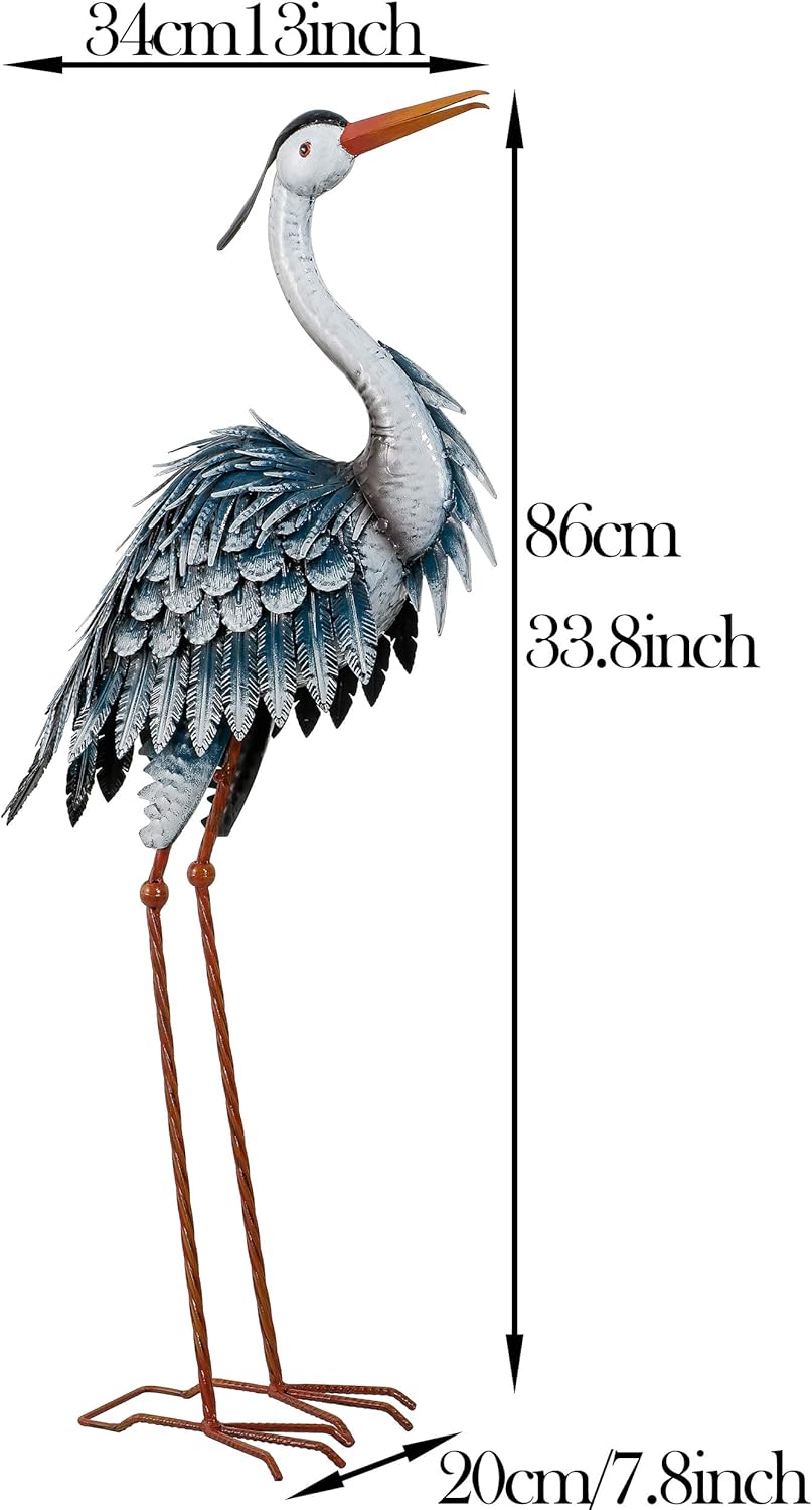 TERESA'S COLLECTIONS 33.8 inch Metal Blue Heron Garden Sculptures and Statues, Standing Crane Yard Art for Outdoor Decor, Bird Lawn Ornaments for Pond Porch Patio Decorations: Kitchen & Dining