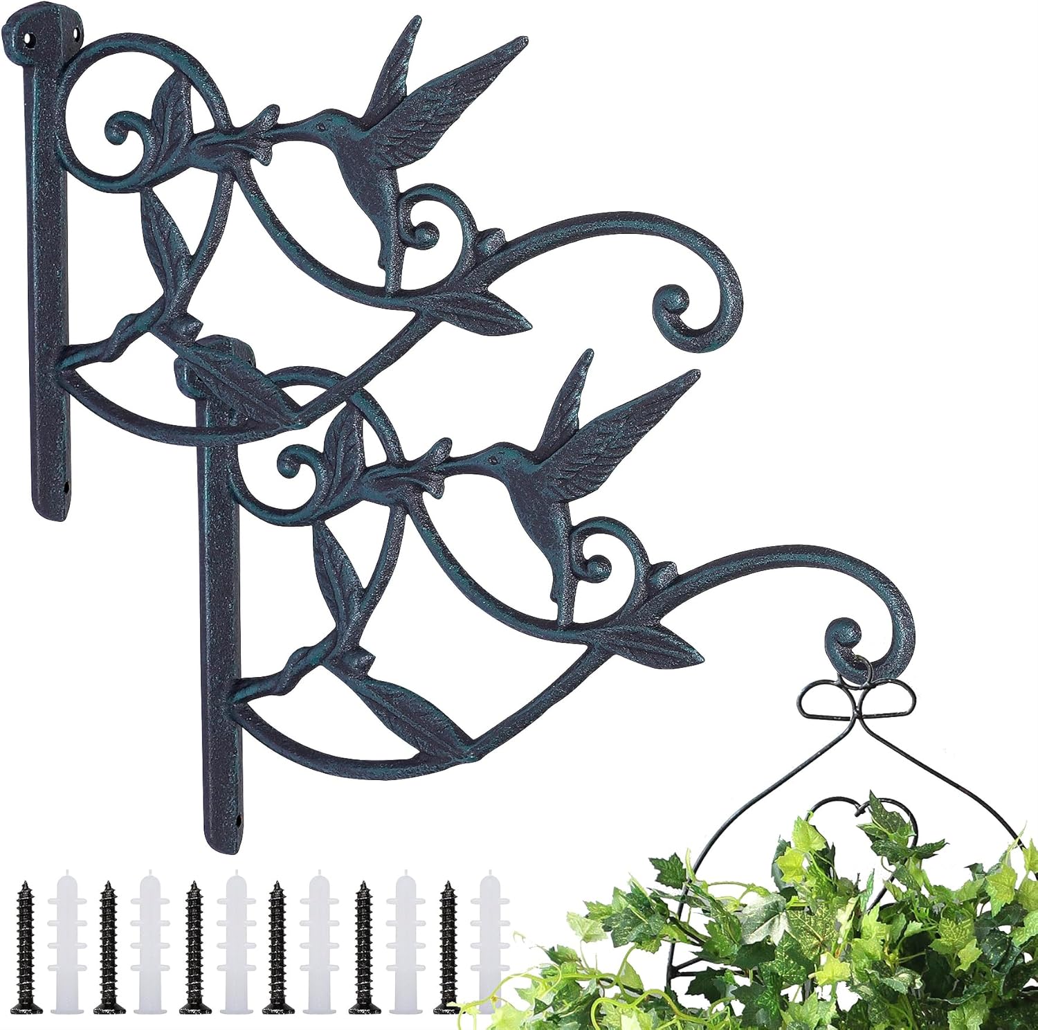 Outdoor Hanging Brackets - Livfodrm 2PCS Plant Hangers Outdoor Heavy Duty Hanging Plant Bracket for Wall Indoor Garden Cast Iron Hummingbird Feeder Hooks Decorative Plant Hooks, Greenish