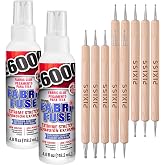 E6000 Fabri-Fuse Fabric Adhesive Glue 2-Pack (4oz) with Pixiss Wooden Handle Styluses (10pcs) - Rhinestones Glue for Clothes and Fabrics with Dotting Tools