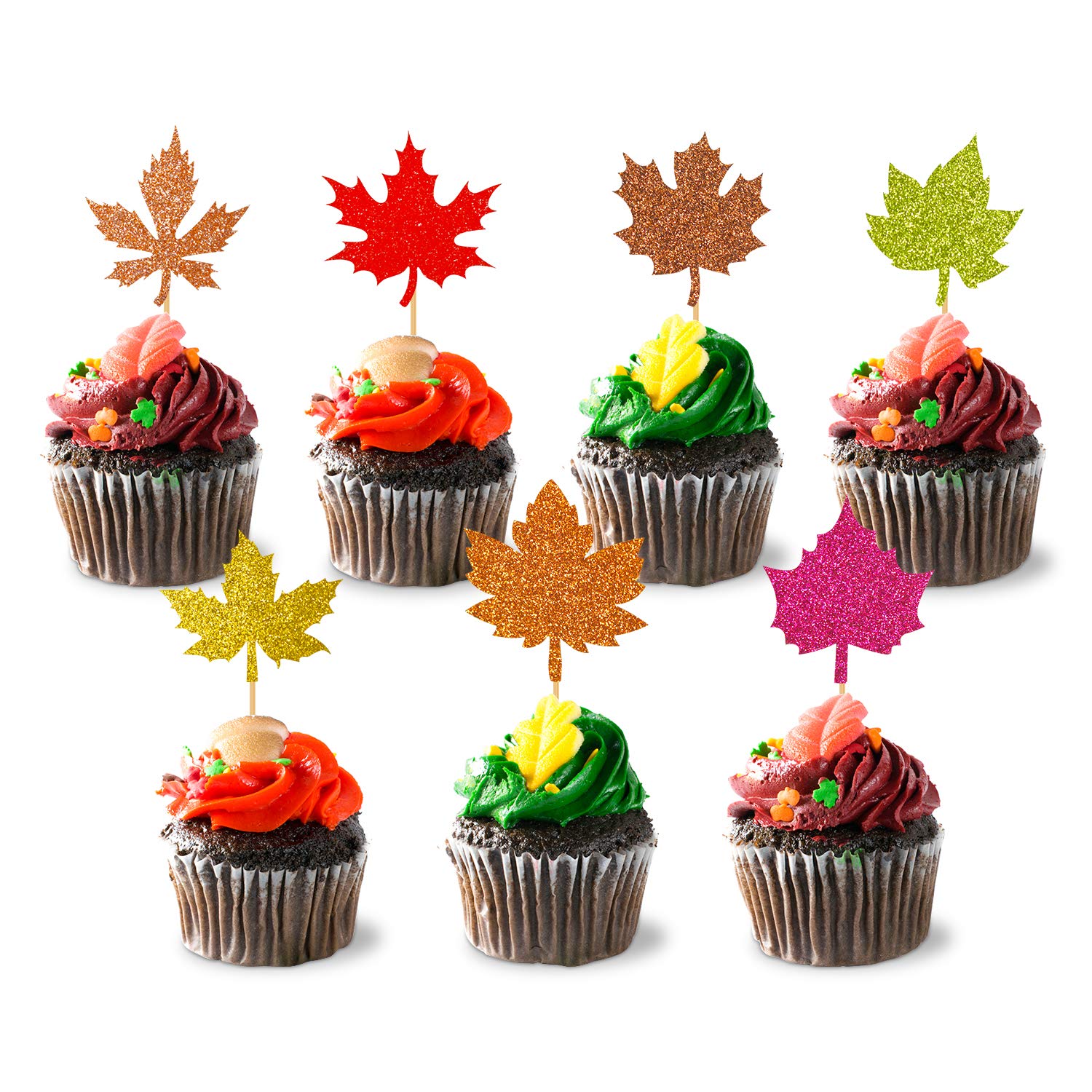 35PCS Glitter Maple Leaf Thanksgiving Holiday Cupcake toppers Fall Leaves Food Picks Pie Toppers for Fall Autumn Harvest Party Cake Decorations Supplies