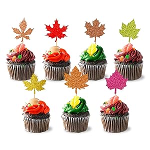 35PCS Glitter Maple Leaf Thanksgiving Holiday Cupcake toppers Fall Leaves Food Picks Pie Toppers for Fall Autumn Harvest Party Cake Decorations Supplies